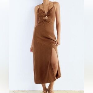 Zara Brown Midi Dress with Side Slit